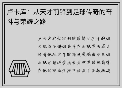 卢卡库：从天才前锋到足球传奇的奋斗与荣耀之路